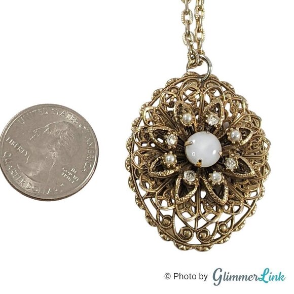Vintage Layered Filigree Floral Oval Glass Moonstone Gold Tone Pendant Necklace - Picture 7 of 10